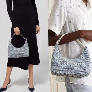 Givenchy 4G Logo Small Moon Cut Out Hobo Tote Handbag Denim Blue Shoulder Purse